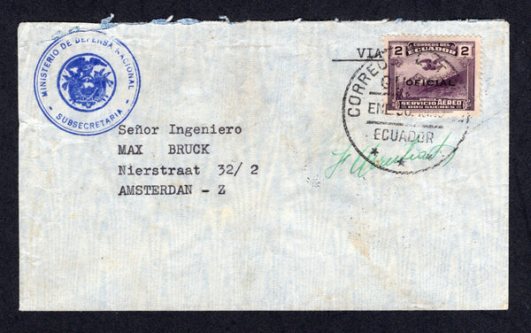 ECUADOR - 1939 - OFFICIAL MAIL: Official cover with 'Ministerio de Defensa Nacional Subsecretaria' OFFICIAL Arms cachet in blue on front franked with 1937 2s violet 'OFICIAL' overprint issue on front and block of six 10c red brown 'OFICIAL' overprint issue on revere (SG O567 & O571) all tied by QUITO cds's dated JAN 30 1939. with official 'Signature' in green on front. Addressed to HOLLAND.  (ECU/41554)