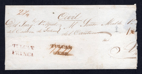ECUADOR - 1859 - PRESTAMP: Folded cover from TULCAN to QUITO with fine strike of TULCAN DEBE (Unpaid) marking crossed out in manuscript with TULCAN FRANCA struck alongside to indicate that the cover was actually prepaid. Rated '2¼' in manuscript. Unusual & Scarce.  (ECU/541)