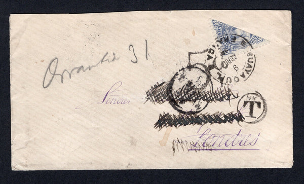 ECUADOR - 1883 - BISECT: Cover franked with BISECTED 1881 20c slate violet (SG 17) cancelled by GUAYAQUIL FRANCA cds (cancel does not tie bisect). Addressed to and UK taxed with small 'T' in circle and large '5d' GB marking. Various transit marks on reverse. Address has been scribbled out in manuscript. A Very Rare cover.  (ECU/548)