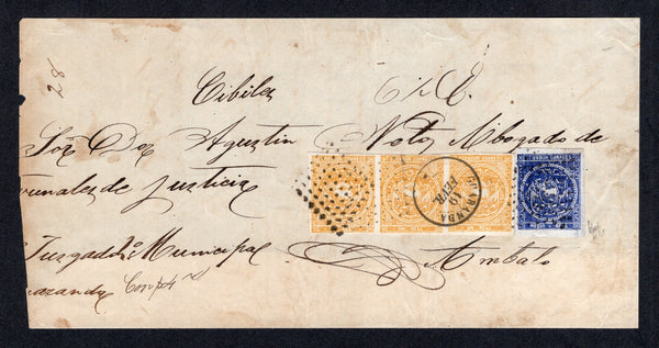 ECUADOR - 1871 - CLASSIC ISSUES: Cover front franked with 1865 strip of three 1r yellow ochre and single ½r dull violet blue (SG 1b & 2e), all fine copies with good margins tied by dotted diamonds and GUARANDA cds dated 19 FEVR. Addressed to AMBATO. A fine & scarce franking. 1988 Holcombe certificate accompanies.  (ECU/8719)