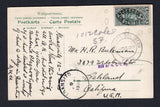 ECUADOR - 1910 - PROVISIONAL ISSUE & ILLEGAL USE: Untitled black & white PPC franked with single 1909 1c on 5c blue green 'Timbre Fiscal' REVENUE issue dated '1905-1906' (Bertossa #153) uncancelled with six manuscript '0's indicating that the stamp was not valid for postage (incorrectly as this issue was for use on mail). Sent from GUAYAQUIL with dateline on card routed through PERU with PAITA cds and PANAMA TRANSITO cds. Addressed to USA. Scarce & unusual.  (ECU/8740)