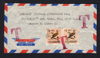 ECUADOR - Circa 1966 - ILLEGAL USE: Airmail cover franked with 2 x 1966 2s 'Bird' issue (SG 1327) both of which had previously been used with different postal cancels tied by large 'T' marking in red with two additional strikes alongside. Addressed to USA. Some light creasing.  (ECU/8759)