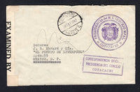 ECUADOR - 1942 - OFFICIAL MAIL: Stampless censored cover with large 'PRESIDENCIA DEL M.I. CONCEJO MPAL COTACACHI 'Arms' cachet & boxed 'CORRESPONDENCIA OFICIAL PRESIDENCIA DEL CONCEJO COTACACHI' both in purple and COTACACHI cds in black. Addressed to MEXICO with PANAMA transit and Mexican arrival marks on reverse. US censor strip at left.  (ECU/8761)