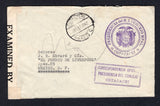 ECUADOR - 1942 - OFFICIAL MAIL: Stampless censored cover with large 'PRESIDENCIA DEL M.I. CONCEJO MPAL COTACACHI 'Arms' cachet & boxed 'CORRESPONDENCIA OFICIAL PRESIDENCIA DEL CONCEJO COTACACHI' both in purple and COTACACHI cds in black. Addressed to MEXICO with PANAMA transit and Mexican arrival marks on reverse. US censor strip at left.  (ECU/8761)