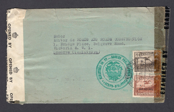 ECUADOR - 1942 - OFFICIAL MAIL: Censored cover franked with 1937 10c red brown and 70c sepia 'OFICIAL' overprint issue (SG O567 & O569) tied by QUITO cds with 'Ministerio do PP Seccion Publica Archivo Bibliotecas' official ARMS cachet in green alongside. Addressed to UK with US and UK censor strip at right and left.  (ECU/8762)