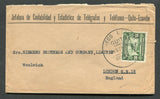 ECUADOR - 1934 - OFFICIAL MAIL: Cover franked with 1929 50c green AIR issue with 'OFICIAL' overprint (SG O470) tied by large QUITO cds. Addressed to UK with 'Seccion de Cantabilidad y Estadistica de Telegrafos Y Telefonos Quito' official ARMS cachet in purple on reverse.  (ECU/8764)