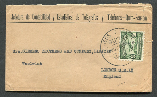 ECUADOR - 1934 - OFFICIAL MAIL: Cover franked with 1929 50c green AIR issue with 'OFICIAL' overprint (SG O470) tied by large QUITO cds. Addressed to UK with 'Seccion de Cantabilidad y Estadistica de Telegrafos Y Telefonos Quito' official ARMS cachet in purple on reverse.  (ECU/8764)