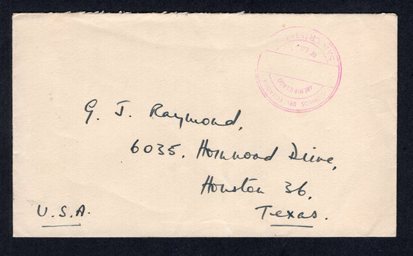ECUADOR - 1959 - GALAPAGOS ISLANDS: Stampless cover with manuscript 'Mrs D Haser Post Office Bay Floreana Galapagos' return address on reverse with '27.1.59' date alongside and good strike of undated CORREOS DEL ECUADOR ARCHIPELAGO DE COLON SAN CRISTOBAL cds in magenta on front. Addressed to USA. Very scarce.  (ECU/8769)