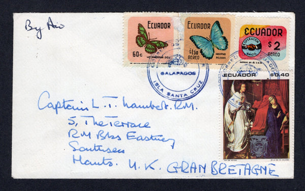 ECUADOR - 1970 - GALAPAGOS ISLANDS: Cover franked with 1967 40c 'Painting' issue, 1969 2s multicoloured and 1970 60c & 1.30s 'Butterfly' issue (SG 1378, 1385 & 1388) all tied by two fine strikes of undated CORREOS DEL ECUADOR GALAPAGOS ISLA SANTA CRUZ 'Tortoise' cancels in blue with 'Charles Darwin Station Isla Santa Cruz' cachet and two line 'GALAPAGOS DAY 12 FEBRUARY 1970' marking both in blue on reverse. Sent airmail to UK.  (ECU/8775)