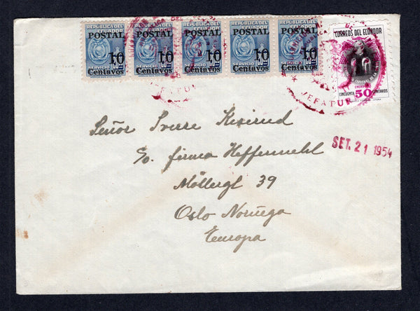ECUADOR - 1954 - GALAPAGOS ISLANDS: Commercial cover with manuscript 'Sta Cruz, Galapagos via Guayaquil Ecuador' return address on reverse franked with strip of five 1952 10c on 20s blue and 1954 50c black & purple (SG 969 & 991) tied by two strikes of large GOBERNACION NAVAL DE SANTA CRUZ JEFATURA 'Arms' cancel in red with handstamped 'SET 21 1954' date alongside. Addressed to NORWAY with arrival cds on reverse. Rare.  (ECU/8778)
