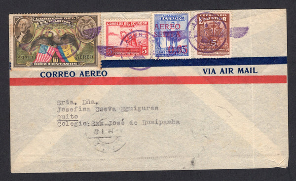 ECUADOR - 1941 - AIRMAIL: Airmail cover franked with 1938 10c brown, 1940 5c carmine & 5c red brown TAX issues and 1938 65c on 3c ultramarine SEDTA issue (SG 572, 634/635 & 582a) all tied by multiple strikes of AGENCIA LOJA SEDTA 'Winged Wheel' cancels in purple. Addressed internally to QUITO with arrival cds on reverse. Very scarce.  (ECU/8781)