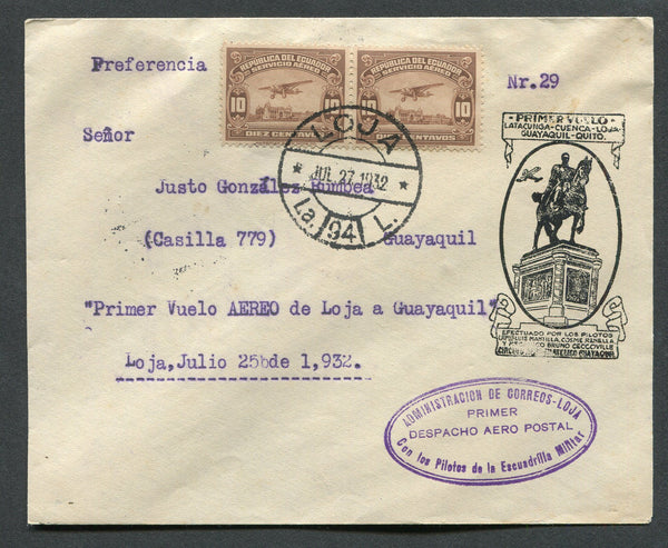 ECUADOR - 1932 - FIRST FLIGHT: First Flight cover franked with pair 1929 10c brown AIR issue (SG 460) tied by LOJA cds dated JUL 27 1932. Flown on the LOJA - GUAYAQUIL First Flight on the 30 JUL 1932 with two first flight cachets in black & purple and GUAYAQUIL arrival cds dated 30 JUL 1932 on reverse.  (ECU/8787)