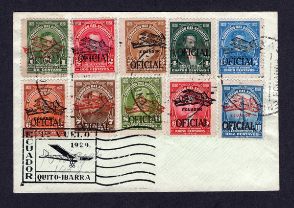 ECUADOR - 1929 - AIRMAIL & VARIETY: Unaddressed cover franked with set of ten 1930 Semi Official 'Airplane' overprint on 'OFICIAL' issue of 1920, the 10c blue with variety 'OFICIAL' OVERPRINT DOUBLE (Sanabria #550/559a, Bertossa XXVII.K/XXVIIs.1) tied by QUITO cds's with boxed 'ECUADOR 1ER VUELO 1929 QUITO - IBARRA' illustrated 'Airplane' cachet.  (ECU/8791)