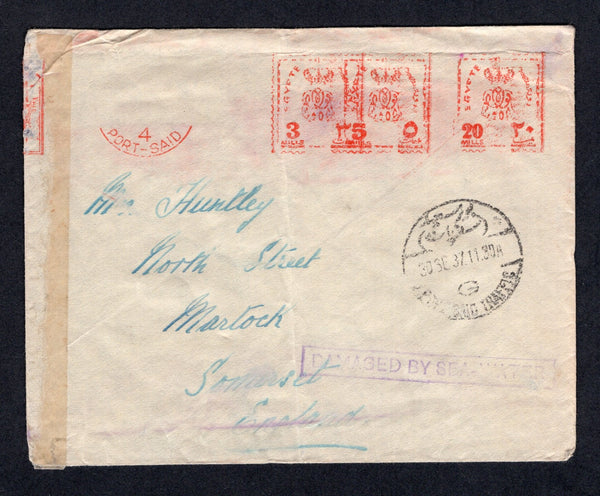 EGYPT - 1937 - CRASH MAIL: Meter cover from PORT SAID, EGYPT with 3m, 5m & 20m impressions in red with airmail label washed off and other signs of water damage with PORT SAID TRAFFIC cds dated 30 SEP 1937. Addressed to UK with boxed 'DAMAGED BY SEA-WATER' cachet in violet. This cover was involved in the crash of the Imperial Airways Short S23 'Courtier' plane that crashed in Phaleron Bay in Greece on 1st October 1937. (Nierinck #371001)  (EGY/18768)