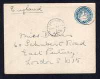 EGYPT - 1921 - POSTAL STATIONERY & SINAI: 10m blue on white laid paper postal stationery envelope (H&G B20, watermarked 'Egyptian Postage') used with fine QANTARA cds. Addressed to UK with PORT-SAID transit cds on reverse.  (EGY/3017)