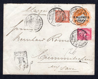 EGYPT - 1896 - POSTAL STATIONERY & REGISTRATION: 5m on 2pi orange postal stationery envelope (H&G B7a) used with added 1881 2pi orange brown and 1888 5m rose carmine (SG 55 & 63) tied by ALEXANDRIA cds's dated 26 III 1896 with boxed 'R' registration marking alongside. Addressed to GERMANY with arrival cds on reverse.  (EGY/35901)