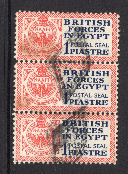 EGYPT - 1932 - BRITISH FORCES IN EGYPT: 1p deep blue & red 'POSTAL SEAL' issue, a fine used strip of three with 'Retta' cancels. A nice used multiple. (SG A1)  (EGY/37454)
