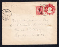 EGYPT - 1921 - SINAI: 5m carmine postal stationery envelope (H&G B13) used with added 1914 5m lake (SG 77) tied by QANTARA cds with second strike alongside. Addressed to UK with PORT SAID transit cds and CAIRO - PORT SAID T.P.O. cds both on reverse.  (EGY/4005)