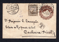 EGYPT - 1914 - POSTAL STATIONERY & DESTINATION: 1m brown postal stationery envelope (H&G B4) used with added 1914 1m sepia (SG 73) tied by CAIRO cds's dated 5. VII. 1914 with small boxed 'T' tax mark alongside. Addressed to CAHCOEIRA, R.G. DO SUR. BRAZIL with RIO DE JANEIRO transit and SANTA MARI arrival cds on reverse.  (EGY/40684)
