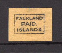 FALKLAND ISLANDS - 1869 - BLACK FRANK: Black on yellow gummed paper example of the 'FALKLAND PAID ISLANDS' black frank. A genuine example from the 1890 'Souvenir' printing. Very fine & scarce. (Heijtz #IIe)  (FAL/12062)