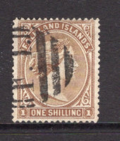 FALKLAND ISLANDS - 1878 - CLASSIC ISSUES: 1/- bistre brown QV issue 'No watermark', a very fine used copy with part 'F.1' barred numeral cancel. Excellent quality. (SG 4)  (FAL/12063)