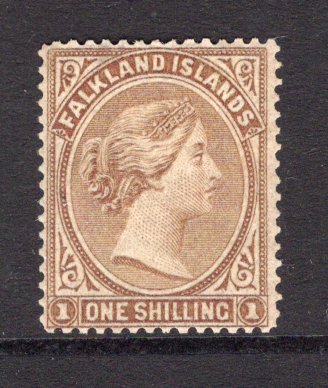 FALKLAND ISLANDS - 1878 - CLASSIC ISSUES: 1/- bistre brown QV issue 'No watermark', a very fine mint copy with full gum. Excellent quality. (SG 4)  (FAL/12064)