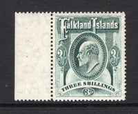 FALKLAND ISLANDS - 1904 - EVII ISSUE: 3/- green EVII issue, a superb mint side marginal copy. (SG 49)  (FAL/12072)