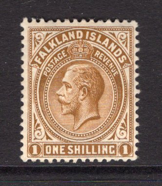 FALKLAND ISLANDS - 1912 - GV ISSUE: 1/- light bistre brown GV issue, a fine mint copy. (SG 65)  (FAL/12076)