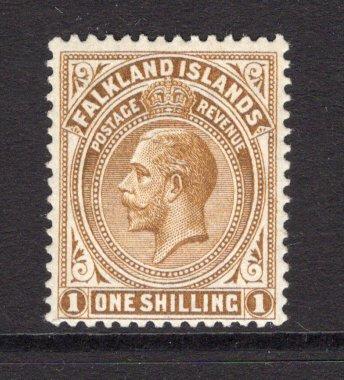 FALKLAND ISLANDS - 1912 - GV ISSUE: 1/- brown GV issue on thick greyish paper, a fine mint copy. (SG 65b)  (FAL/12077)
