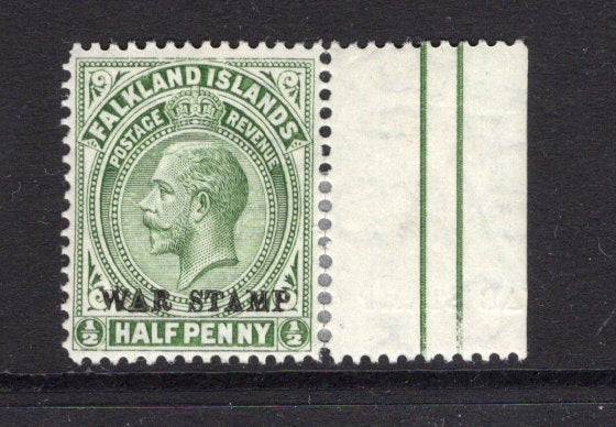 FALKLAND ISLANDS - 1918 - VARIETY: ½d pale green GV issue with 'WAR STAMP' overprint, a fine mint side marginal copy with variety REVERSED ALBINO IMPRESSION IN MARGIN. (SG 70a, Heijtz #35aV1)  (FAL/12087)