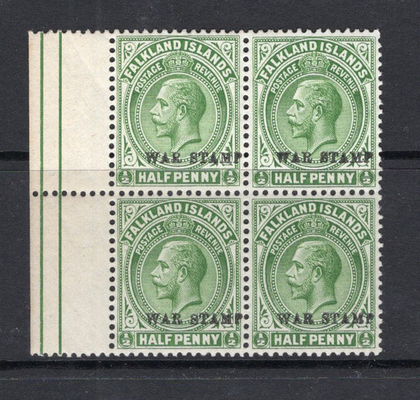 FALKLAND ISLANDS - 1918 - MULTIPLE: ½d dull yellowish green on thick greyish paper GV issue with 'WAR STAMP' overprint, a fine mint side marginal block of four. (SG 70c)  (FAL/12091)