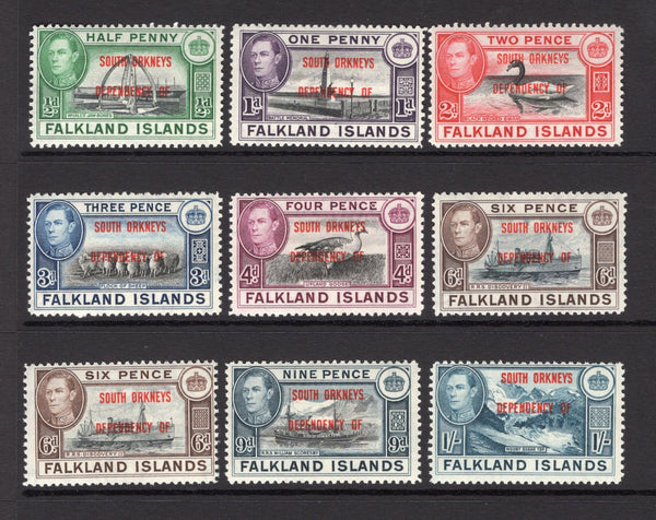 FALKLAND ISLANDS DEPENDENCIES - 1944 - GVI ISSUE: 'South Orkneys' overprint on GVI issue, the set of nine including the additional shade of the 6d fine mint. (SG C1/C8 & C6a)  (FAL/12103)