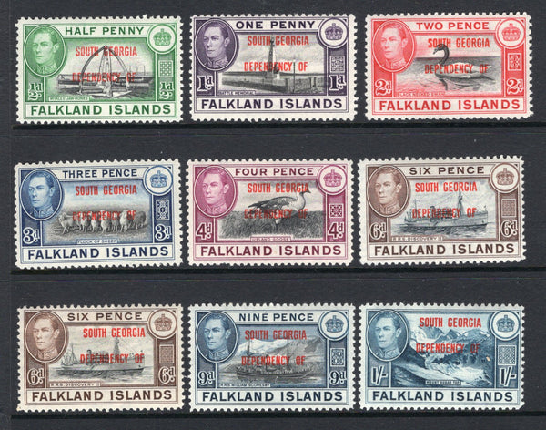 FALKLAND ISLANDS DEPENDENCIES - 1944 - DEPENDENCIES - GVI ISSUE: 'South Georgia' overprint on GVI issue, the set of nine including the additional shade of the 6d fine mint. (SG B1/B8 & B6a)  (FAL/12105)