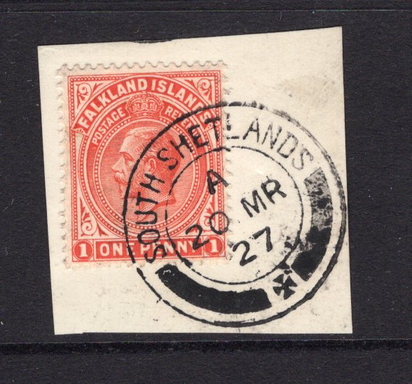 FALKLAND ISLANDS DEPENDENCIES - 1912 - FORGERY: 1d dull vermilion GV issue of the Falkland Islands used on piece tied by superb strike of the forged SOUTH SHETLANDS 'Madame Joseph' cds dated MAR 20 1927. (SG Z142, Heijtz #B2 Forged)  (FAL/12106)