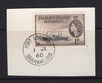 FALKLAND ISLANDS DEPENDENCIES - 1960 - CANCELLATION: 1d black & sepia brown QE2 issue tied on piece by fine strike of PORT LOCKROY GRAHAMLAND cds dated 1 JAN 1960. (SG G27)  (FAL/17346)