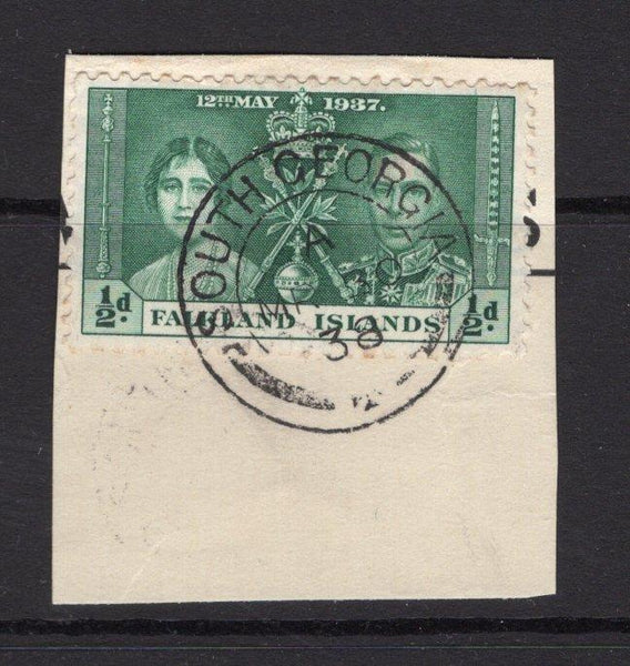 FALKLAND ISLANDS DEPENDENCIES - 1937 - CANCELLATION: ½d green GVI 'Coronation' issue tied on small piece by fine SOUTH GEORGIA cds dated MAR 30 1938. (SG Z70)  (FAL/17350)