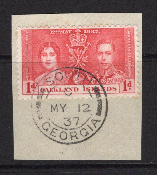 FALKLAND ISLANDS DEPENDENCIES - 1937 - CANCELLATION: 1d carmine GVI 'Coronation' issue tied on small piece by fine SOUTH GEORGIA cds dated MAY 12 1937. (SG Z71)  (FAL/17352)