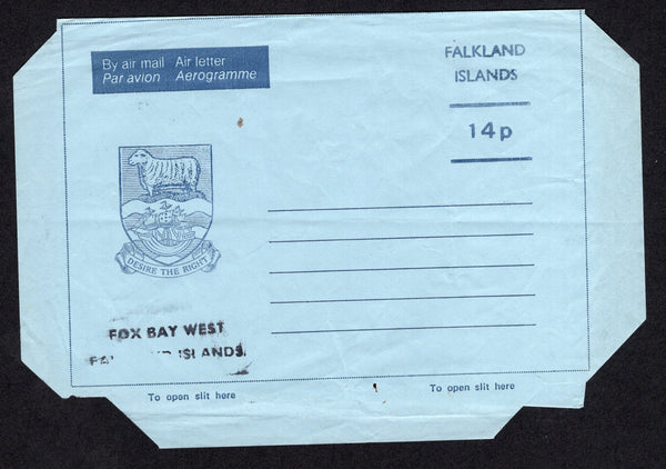 FALKLAND ISLANDS - 1983 - POSTAL STATIONERY: 14p blue on blue postal stationery airletter (Heijtz #A13) unused with two line 'FOX BAY WEST FALKLAND ISLANDS' handstamp in black at lower left and on reverse.  (FAL/19027)
