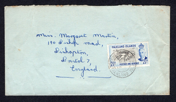 FALKLAND ISLANDS - Circa 1952 - CANCELLATION: Cover franked with single 1952 2½d black & light ultramarine GVI issue (SG 175) tied by FOX-BAY cds. Addressed to UK.  (FAL/19029)