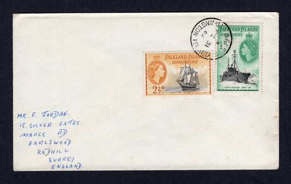 FALKLAND ISLANDS DEPENDENCIES - 1962 - CANCELLATION: Cover franked with 1954 ½d black & bluish green and 2½d black & yellow ochre QE2 issue (SG G26 & G30) tied by BASE E STONINGTON ISLAND cds dated FEB 31 1962. Addressed to UK. A scarcer cancel, the Base E post office on Stonington Island was only in used during 1961-1962.  (FAL/19032)