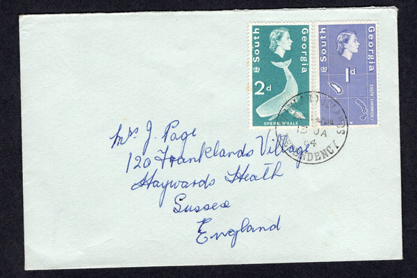FALKLAND ISLANDS DEPENDENCIES - 1964 - SOUTH GEORGIA: Cover franked with 1963 1d violet blue & 2d turquoise blue QE2 issue (SG 2/3) tied by FALKLAND ISLANDS DEPENDENCY SOUTH GEORGIA cds dated 13 JAN 1964. Addressed to UK.  (FAL/19745)