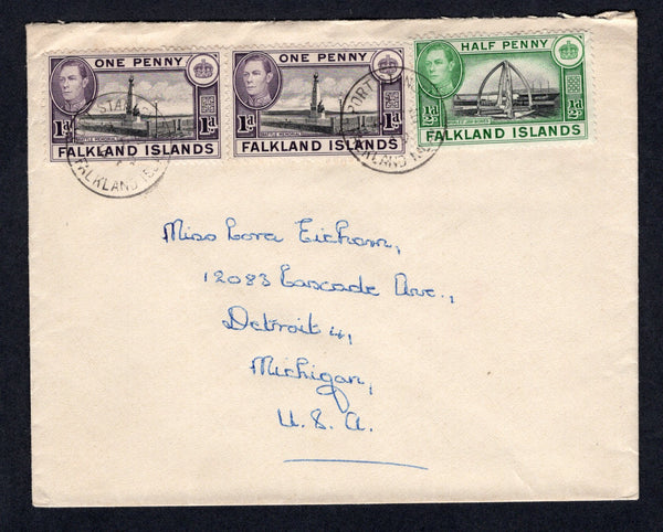 FALKLAND ISLANDS - 1949 - GVI ISSUE: Cover franked with 1938 ½d black & green and pair 1d black & purple violet GVI issue (SG 146 & 148a) tied by PORT STANLEY cds's. Addressed to USA.  (FAL/26231)