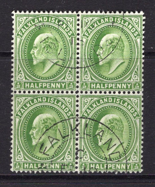 FALKLAND ISLANDS - 1904 - EVII ISSUE & MULTIPLE: ½d deep yellow green EVII issue, a fine used block of four with FALKLAND ISLANDS cds dated FEB 10 1913, correct late use for this shade. (SG 43c)  (FAL/27279)