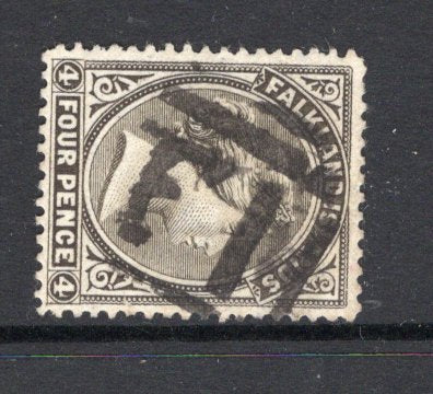 FALKLAND ISLANDS - 1885 - CANCELLATION: 4d grey black QV issue, wmk 'Crown CA' sideways. A fine used copy with good strike of the 'F.I. cork cancel in black. (SG 10)  (FAL/28874)
