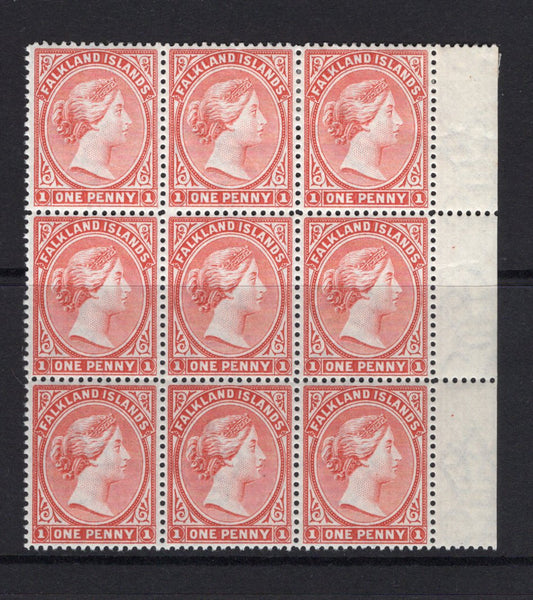 FALKLAND ISLANDS - 1891 - MULTIPLE: 1d pale red QV issue, a superb unmounted mint side marginal block of nine. (SG 23)  (FAL/29106)