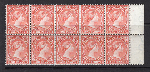 FALKLAND ISLANDS - 1891 - MULTIPLE: 1d orange red QV issue, a superb unmounted mint side marginal block of ten. (SG 24)  (FAL/29110)