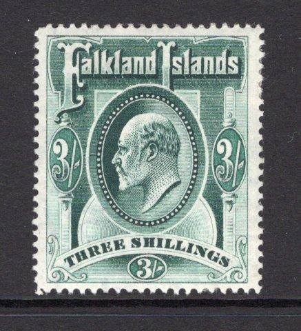 FALKLAND ISLANDS - 1904 - EVII ISSUE: 3/- deep green EVII issue, a fine mint copy. (SG 49b)  (FAL/29112)
