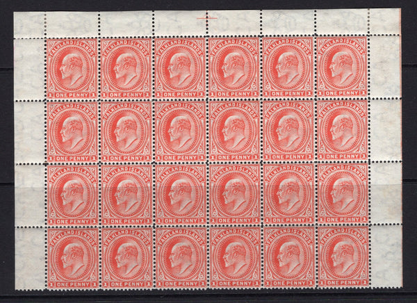 FALKLAND ISLANDS - 1904 - MULTIPLE: 1d vermilion EVII issue with SIDEWAYS WATERMARK, a superb unmounted mint block of twenty four comprising the top four rows of the sheet with sheet margins on three sides. (SG 44b)  (FAL/29117)