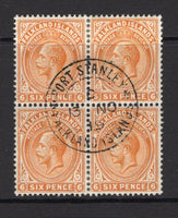 FALKLAND ISLANDS - 1912 - MULTIPLE: 6d brown orange GV issue, watermark 'Multi Crown CA', a superb used block of four with central PORT STANLEY cds dated 13 NOV 1919. (SG 64b)  (FAL/29123)