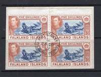 FALKLAND ISLANDS - 1938 - MULTIPLE: 5/- indigo and pale yellow brown GVI issue, a superb used block of four on piece with central strike of PORT STANLEY cds dated 24 SEP 1947. (SG 161b)  (FAL/29131)